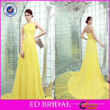 ED Bridal Spaghetti Straps Trem de varredura plissada Chiffon Yellow Night Evening Gowns in India